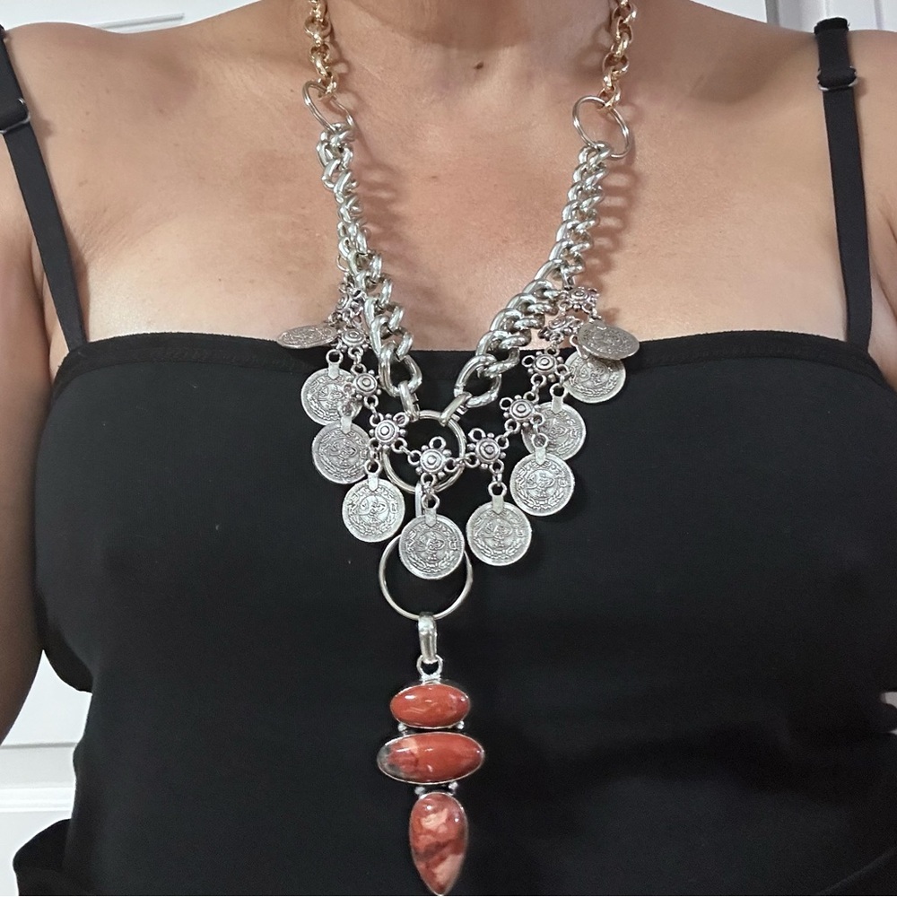 Artisan Handcrafted RED BRECCIATED JASPER Pendant Necklace Coins Up Cycled OOAK - Picture 8 of 16